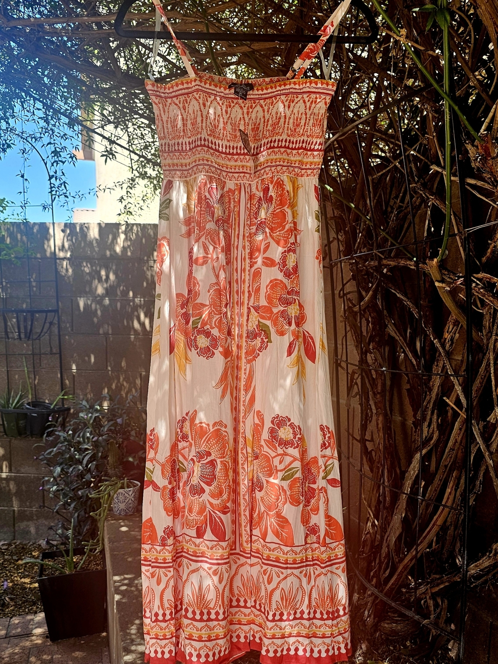 White Midi Sundress with Orange Floral Print Medium